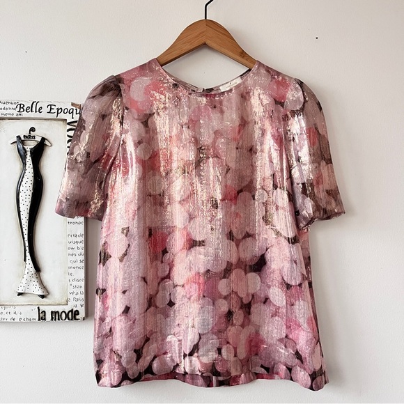 Kate Spade New York Silk Metallic Short Sleeve Pink Blouse Size 4 - Picture 1 of 7